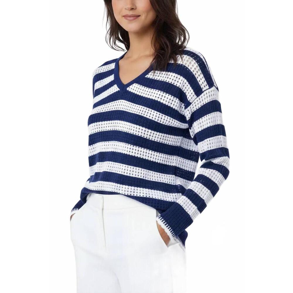 NEW ANGEL APPAREL crochet stripe v-neck top in white/navy